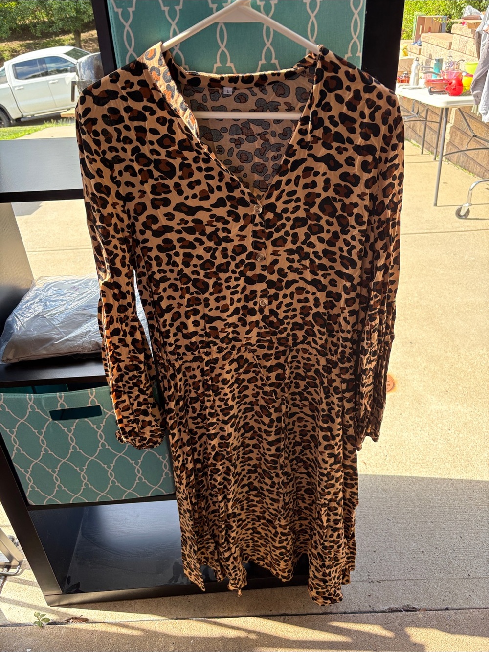 Leopard Print V-Neck Long Sleeve Women's Dress - Brown